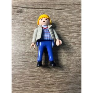 Playmobil Figure Man Blond Hair‎ Blue Pants Gray Jacket Casual Outfit Toy